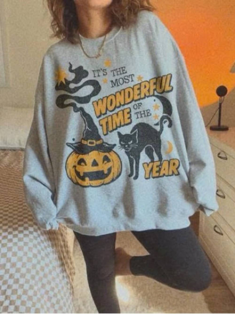 Gray Short-Sleeve Halloween Graphic Tee with Yellow & Black Print